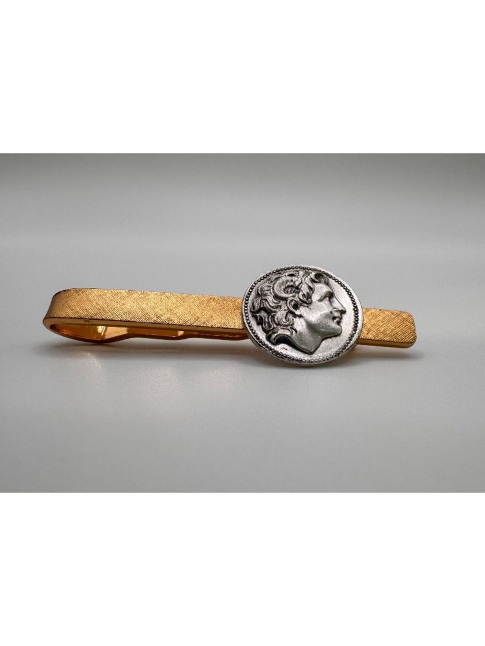 Vintage Gold Tone Coin Tie Bar Alexander The Great Medallion Clip Mens Retro